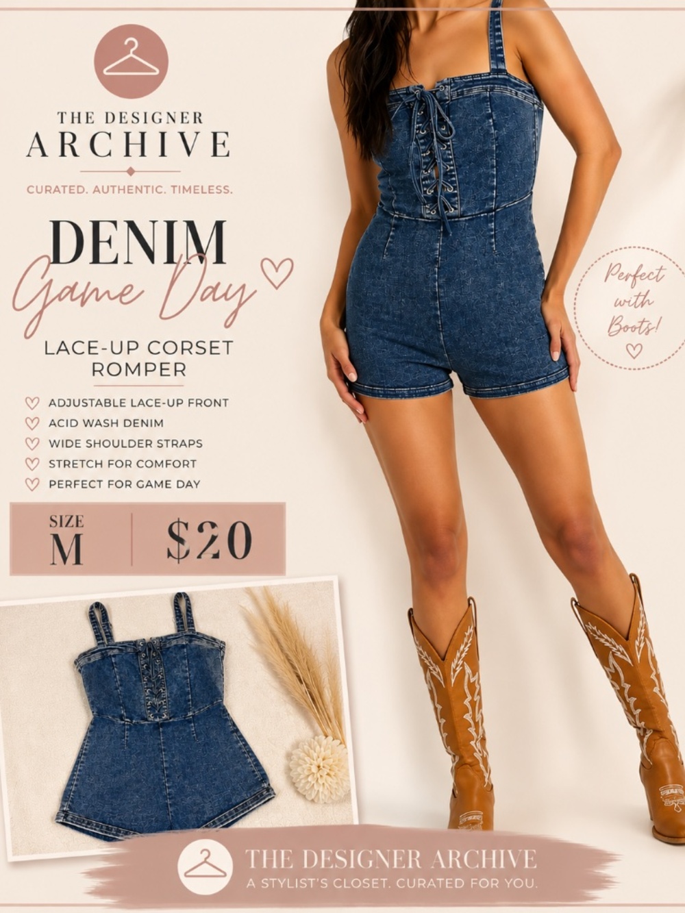 Windsor Acid Wash Denim Lace Up Corset Romper Size M